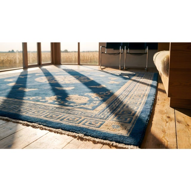 1920s Blue Floral-Medallion Antique Chinese Peking Rug 7'10" X 9'8" Handknotted Wool Carpet For Sale - Image 9 of 9