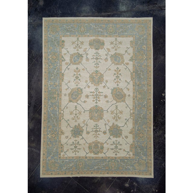 Turkish Oushak Rug Ivory and Sky Blue Handwoven Wool Rug 9'10" X 13'11" For Sale - Image 9 of 9