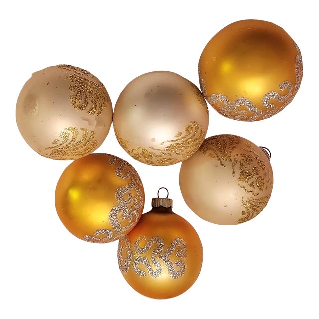 1960s Stenciled Shiny Brite Glitter Glass Ornaments - Set of 6 For Sale