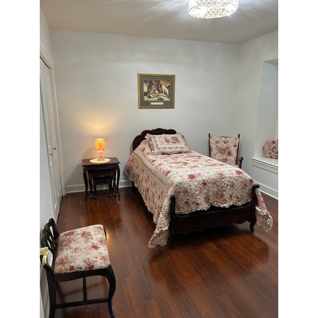 Vintage 1940s Mahogany Twin Bed With Carved Floral Details | Rococo Revival and Louis XV Style For Sale - Image 4 of 4