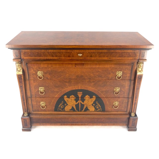 Late 20th Century Bronze Mounts & Pulls Burl Wood Inlay Neoclassical 4 Drawers 48" Dresser MINT! For Sale - Image 5 of 14