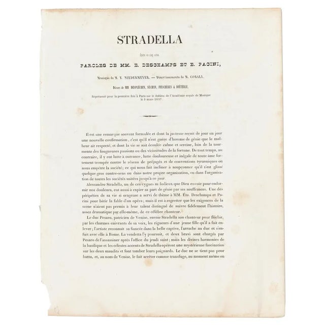 Stradella is an original lithograph, realized by C. Deshays in 1838, titled below in the center, from"album de L'opera...