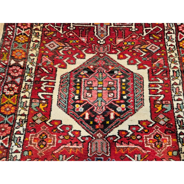 Antique Persian Heriz Karajeh Runner, Hand-Knotted Wool, Geometric Medallion Pattern, Red & Navy, 4x14 For Sale In Chicago - Image 6 of 18