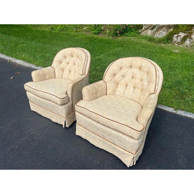 Pair of Tufted Button Back Swivel Chairs in a Cream Color With Brown Piping For Sale In New York - Image 6 of 18