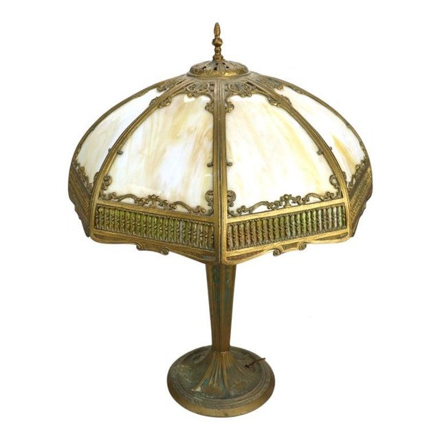 Metal Bradley & Hubbard Style 8-Panel 2-Tone Slag Glass Lamp C1920 For Sale - Image 7 of 11