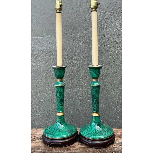 Mid 20th Century Vintage Green Lacquered Candlestick Table Lamps - Pair For Sale - Image 5 of 12