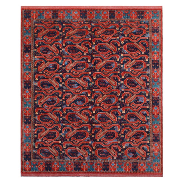 Late 20th Century Hand-Knotted Paisley Tribal Rug – Bold Red & Navy Pattern – 317x250 Cm For Sale - Image 12 of 18