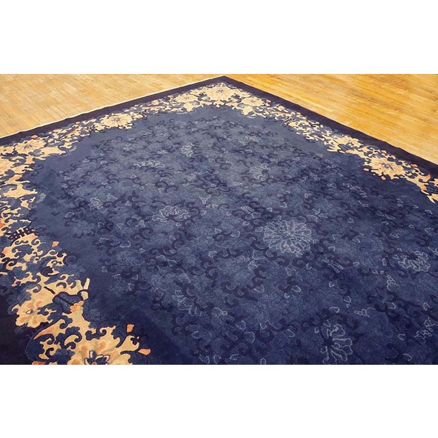 Chinese 1920s Traditional Floral Antique Chinese Peking Wool Blue Hand Knotted Rug For Sale - Image 3 of 11