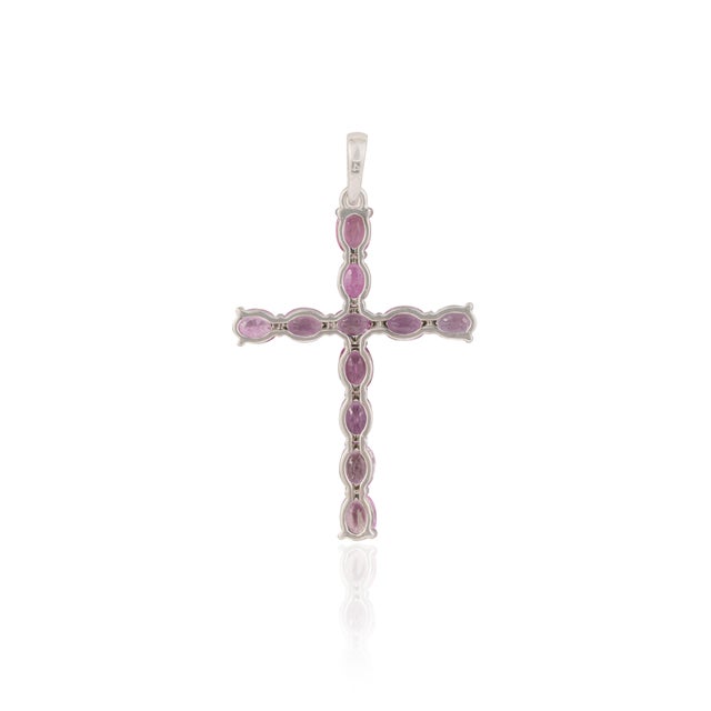 Metal Religious Cross Pendant With 2.05ct Pink Sapphire Accents in 14k White Gold For Sale - Image 7 of 13