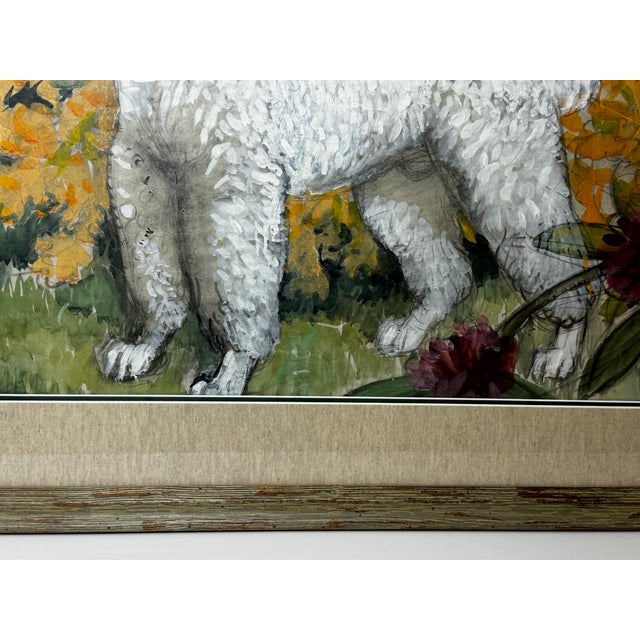 Watercolour Painting White Poodle Dog With Rhododendron Flowers by Charles Frederick Tunnicliffe For Sale - Image 10 of 12