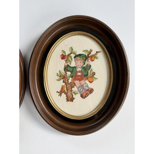 Vintage Needlepoint Girl & Boy In Antique Oval Deep Wood & Gold Frames For Sale - Image 4 of 16