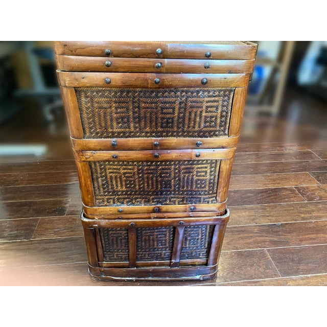 Early 20th Century Large 36” Vintage Chinese 3-Tier Bamboo Rattan Wedding Basket, Republic Period Chinoiserie Decor For Sale - Image 5 of 7