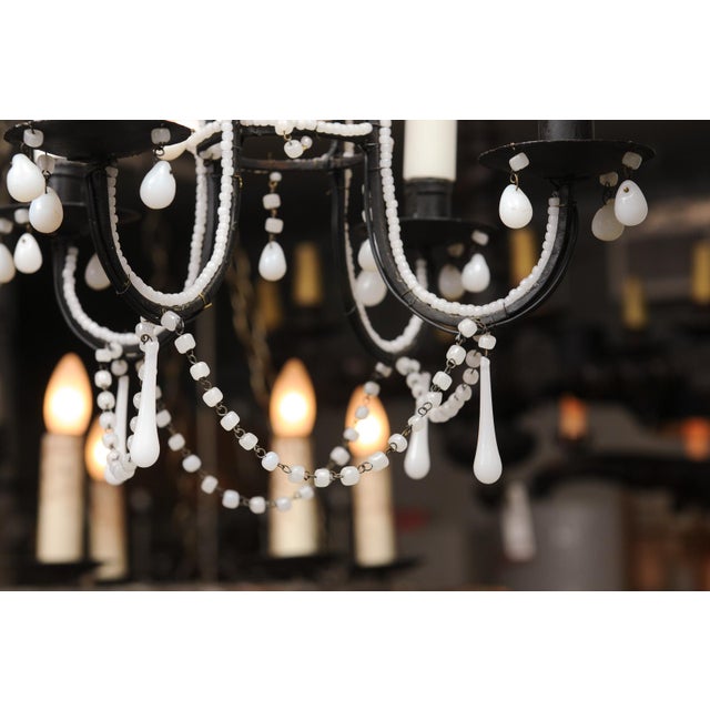 Metal Petite 4-Light Iron & Opaline Glass Beaded Chandelier, 1940s Italy For Sale - Image 7 of 14