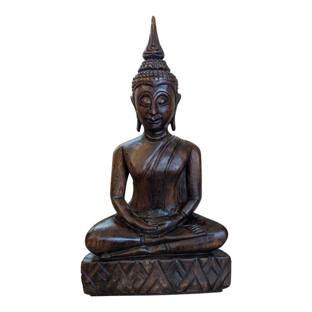 Vintage Hand Carved Wooden Buddha Statue Sculpture Meditation Figure 14” Thai For Sale