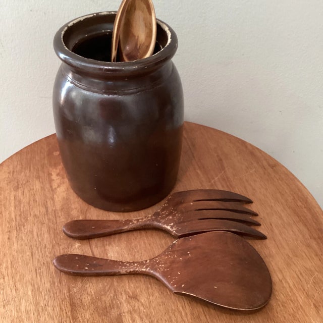 Antique Brown Glazed Stoneware Crock W/Carved Wooden Utensils France For Sale - Image 10 of 12