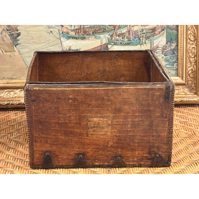 Brown Antique 19th Century Dovetailed Wooden Storage Box With Iron Reinforcements For Sale - Image 8 of 12