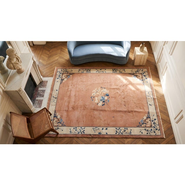 1930s Dusty Rose Medallion Antique Chinese Peking Carpet 6' X 8'8" Knotted Wool Rug For Sale - Image 13 of 15