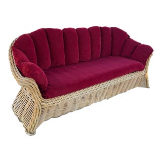 Vintage Coastal Wicker Sofa With Channel-Tufted Cranberry Cushions For Sale