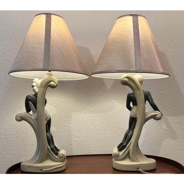Greige Vintage 1950s Continental Art Lamps With New Shades. 22" Tall. Male & Female Figures - a Pair For Sale - Image 8 of 12