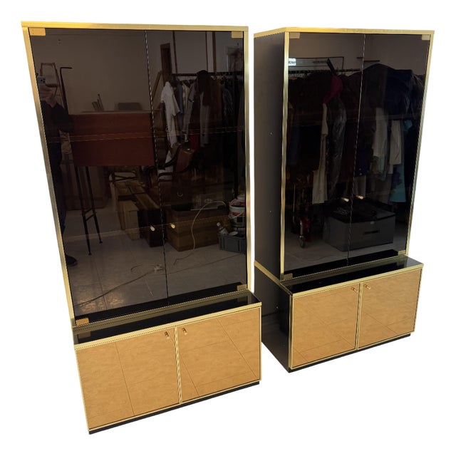 Display Cases in Brass Gold and Smoked Mirrored Glass attributed to Renato Zevi, 1970, Set of 2 For Sale