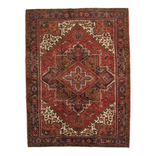 Vintage Hand-Knotted Persian Heriz Rug 8'6" X 11'4" For Sale