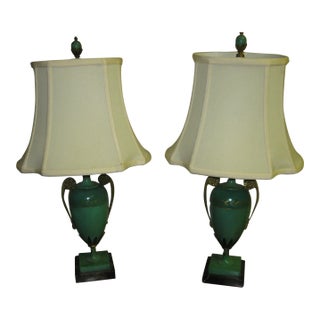 French Art Deco Green Tole Lamps - A Pair For Sale
