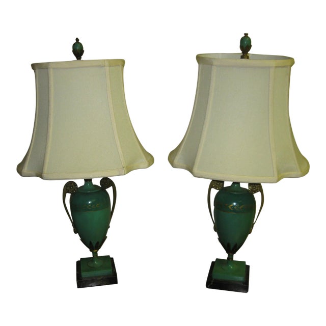 French Art Deco Green Tole Lamps - A Pair For Sale