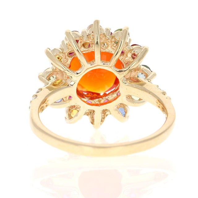 2020s 2.94 Carat Fire Opal Sapphire Diamond Yellow Gold Ring For Sale - Image 5 of 6