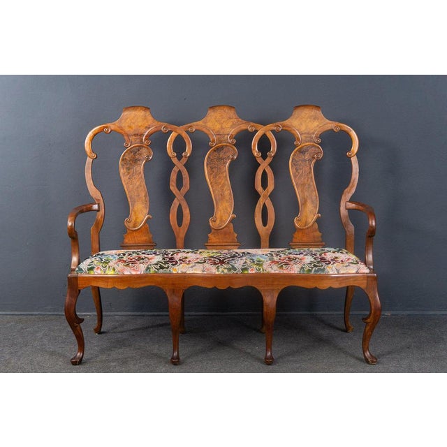 Object: Bench Era & Style: 19th century Features - solid walnut veneer - high backrest very elaborately carved - in the...