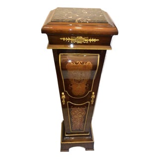 Grand French Empire Style Wood Pedestal – Ornate Inlay, Gilded Details & Marble Top For Sale