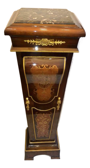 Grand French Empire Style Wood Pedestal – Ornate Inlay, Gilded Details & Marble Top