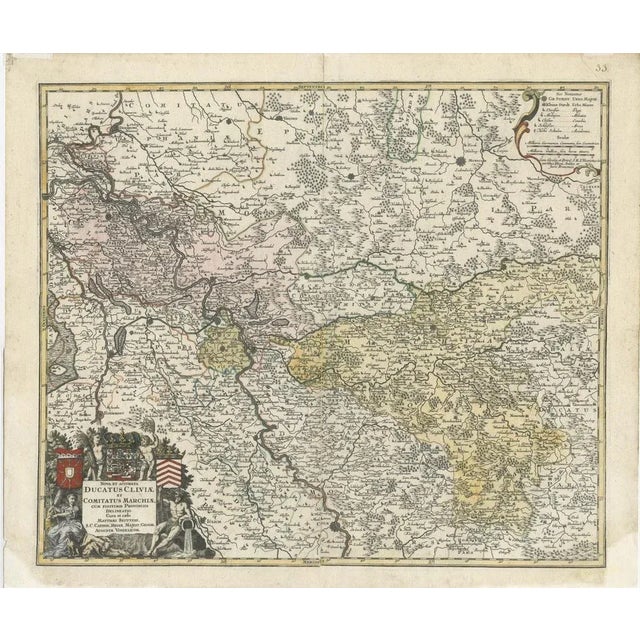 Antique map titled 'Nova et Accurata Ducatus Cliviae et Comitatus Marchiae (\.)'. Detailed regional map of Germany showing...