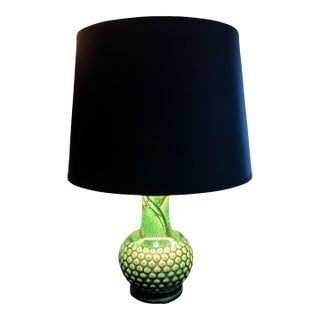 Vintage Mid-Century Modern Green Hobnail Ceramic Table Lamp With Black & Gold Shade For Sale