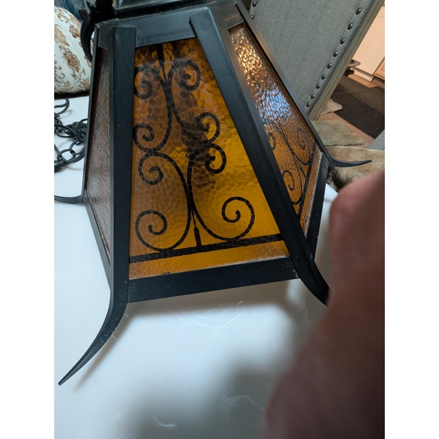 Gothic Mid 20th Century Spanish Revival Wrought Iron Swag Pendant Lamp For Sale - Image 3 of 12