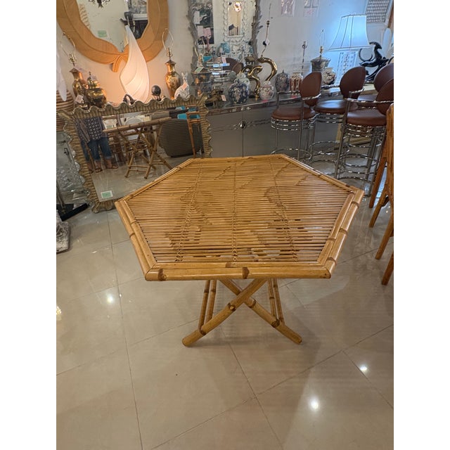 1970s Vintage Bamboo Rattan Reed Dining Game Table & 4 Dining Arm Chairs For Sale - Image 5 of 12