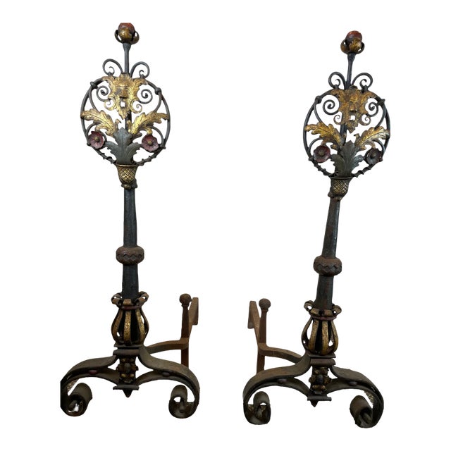 Late 20th Century Grand Andirons, With Gold Leaf Details For Sale
