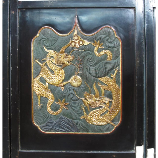 Black Antique Chinese Room Divider W Hand Carved & Gilded Dragons on Both Sides - Set of 4 For Sale - Image 8 of 13