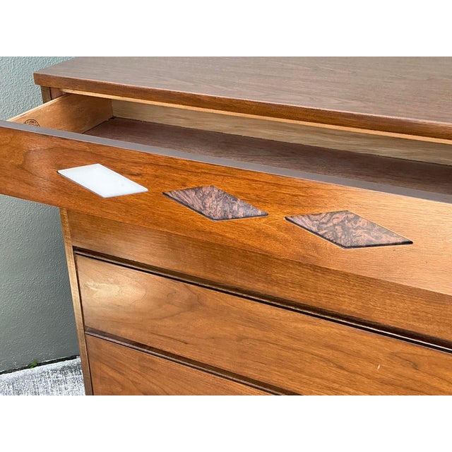 Wood Vintage MCM Bassett Interchangeable Diamond Tall Chest of Drawers For Sale - Image 7 of 12