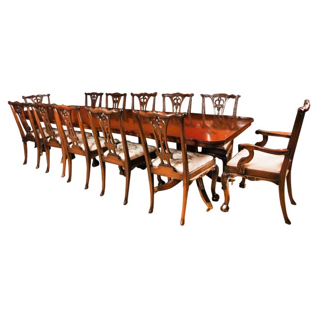 Vintage 20th Century 12ft Twin Pillar Mahogany Dining Table & 12 Chippendale Chairs, Set of 13 For Sale