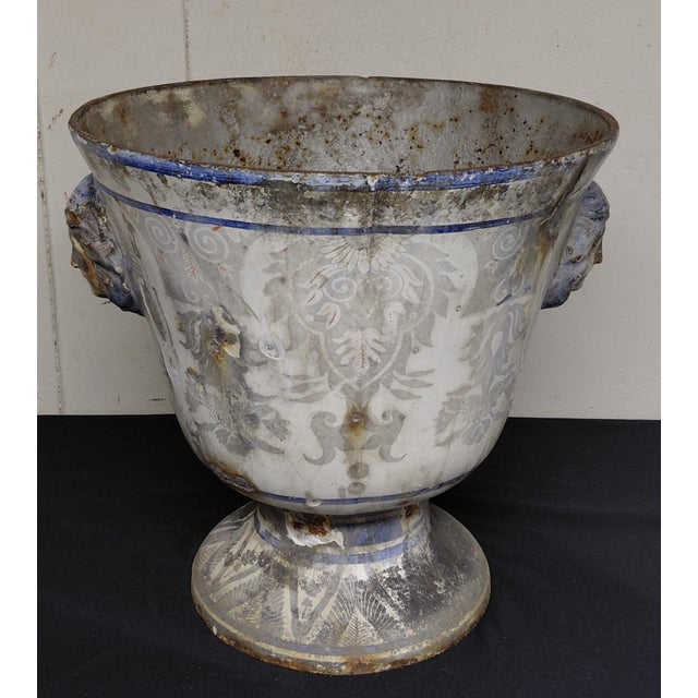 French 19th Century Antique Enameled Cast Iron Urn For Sale - Image 3 of 11