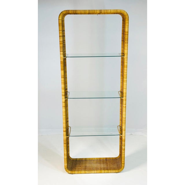 Wicker and Glass Etagere Bookcase Display Shelf Attributed to Founders, Mid Century Modern For Sale - Image 4 of 15