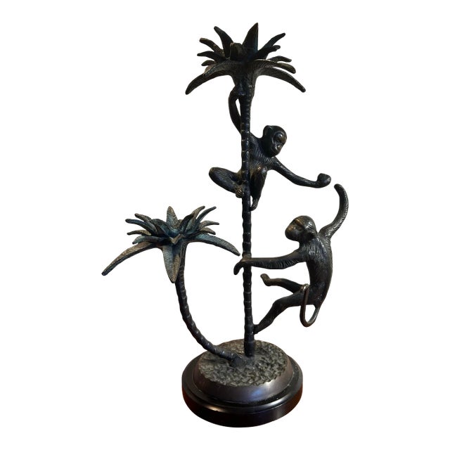 Vintage Maitland Smith Style Monkey and Palm Tree Bronze Candelabra For Sale