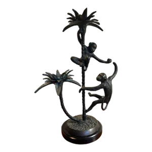 Vintage Maitland Smith Style Monkey and Palm Tree Bronze Candelabra