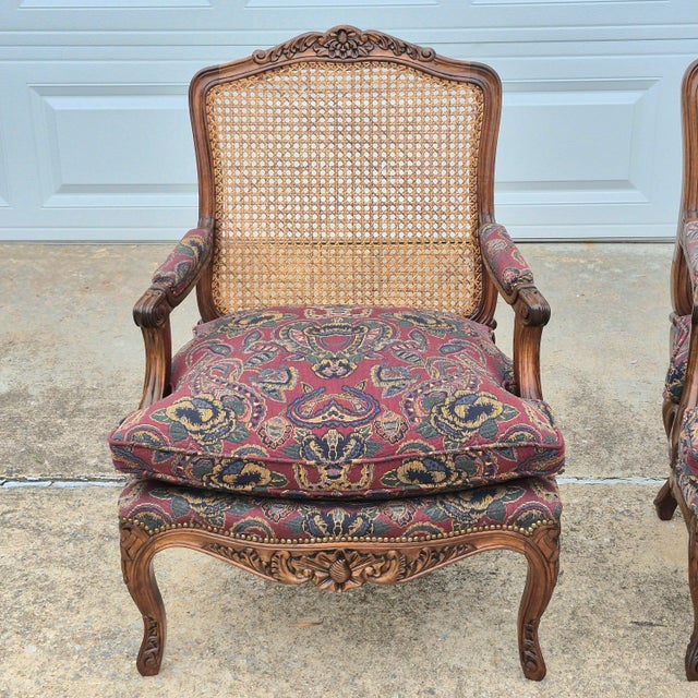 Baker Furniture Company Late 20th Century Louis XV Carved Walnut Cane Back Arm Chairs Fauteuils, a Pair For Sale - Image 4 of 18