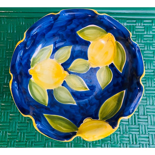 Rustic European Italian Ceramiche Hand Painted Serving Bowl Blue & Yellow Lemon Design Sign For Sale - Image 3 of 10