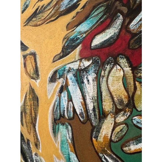 A striking mid-20th-century abstract painting signed David, featuring a dynamic interplay of organic forms and jewel-toned...