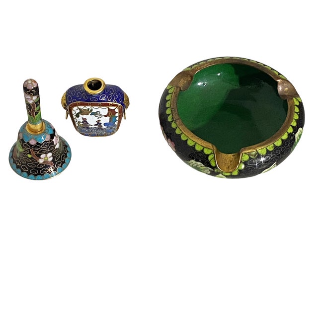 Black Chinoiserie Set of 3 Old Cloisonné Enamel Objects For Sale - Image 8 of 12