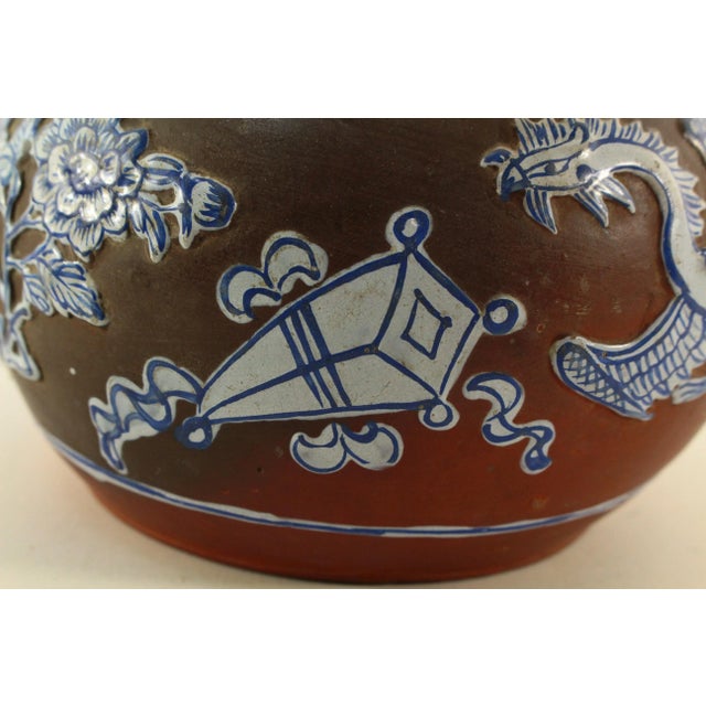 18th Century Chinese Export Kendi Jug Vessel Brown Purple Clay & Blue & White Feng Huang For Sale - Image 11 of 12