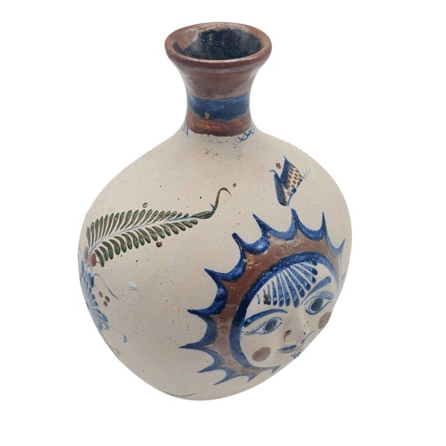 Late 20th Century VTG Tonala Folk Art Pottery Vase Bottle Sun Face Hand Painted Mexico 9.5" For Sale - Image 5 of 10