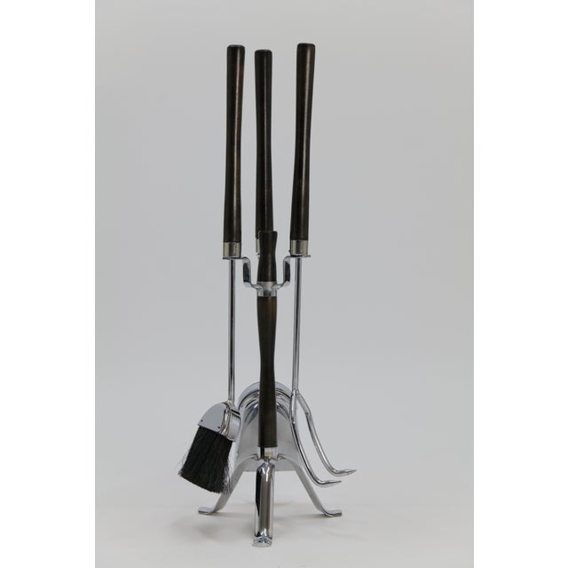 Wood Mid Century Chrome and Wood Fireplace Tools For Sale - Image 7 of 17